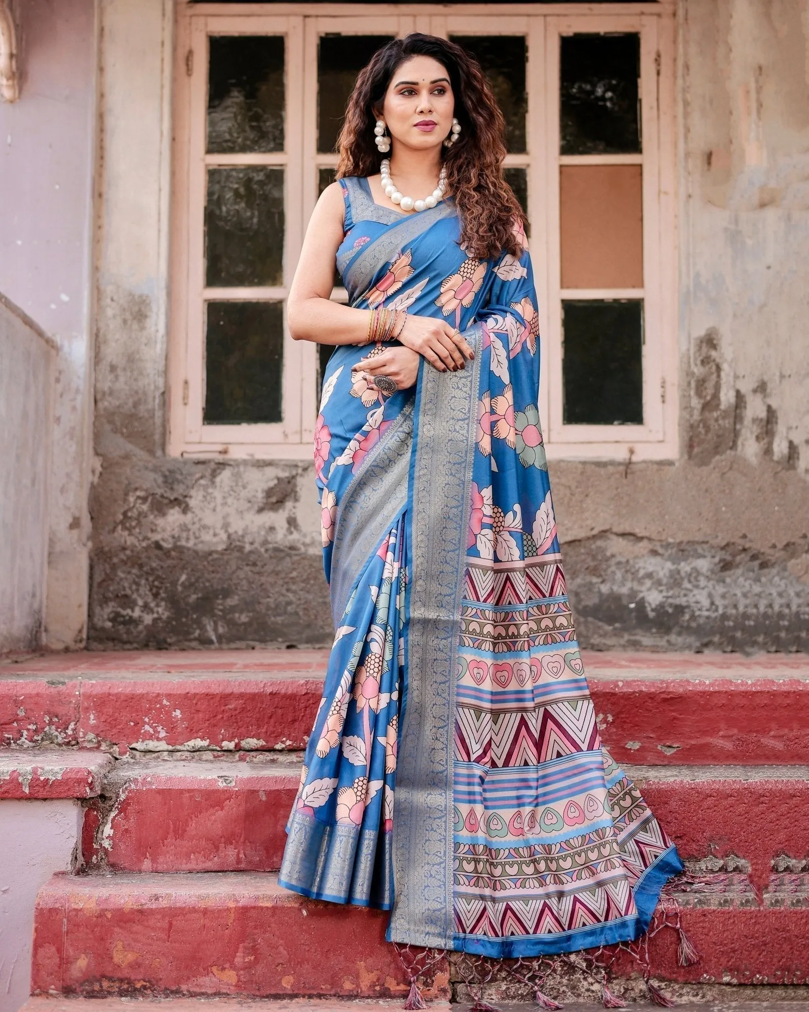 Sky Blue Tussar Silk Saree with Bold Floral Motifs and Chevron Pallu Design