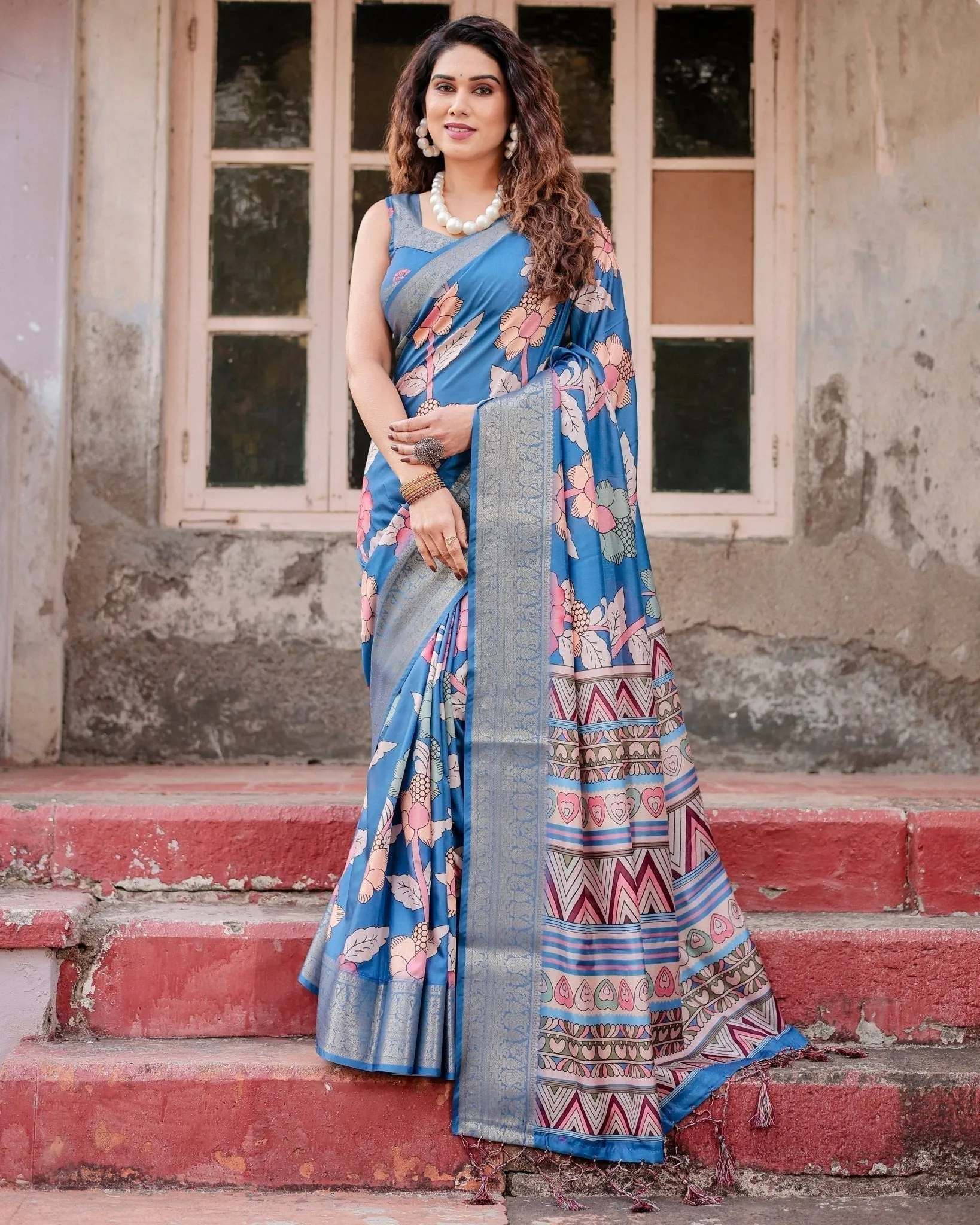 Sky Blue Tussar Silk Saree with Bold Floral Motifs and Chevron Pallu Design