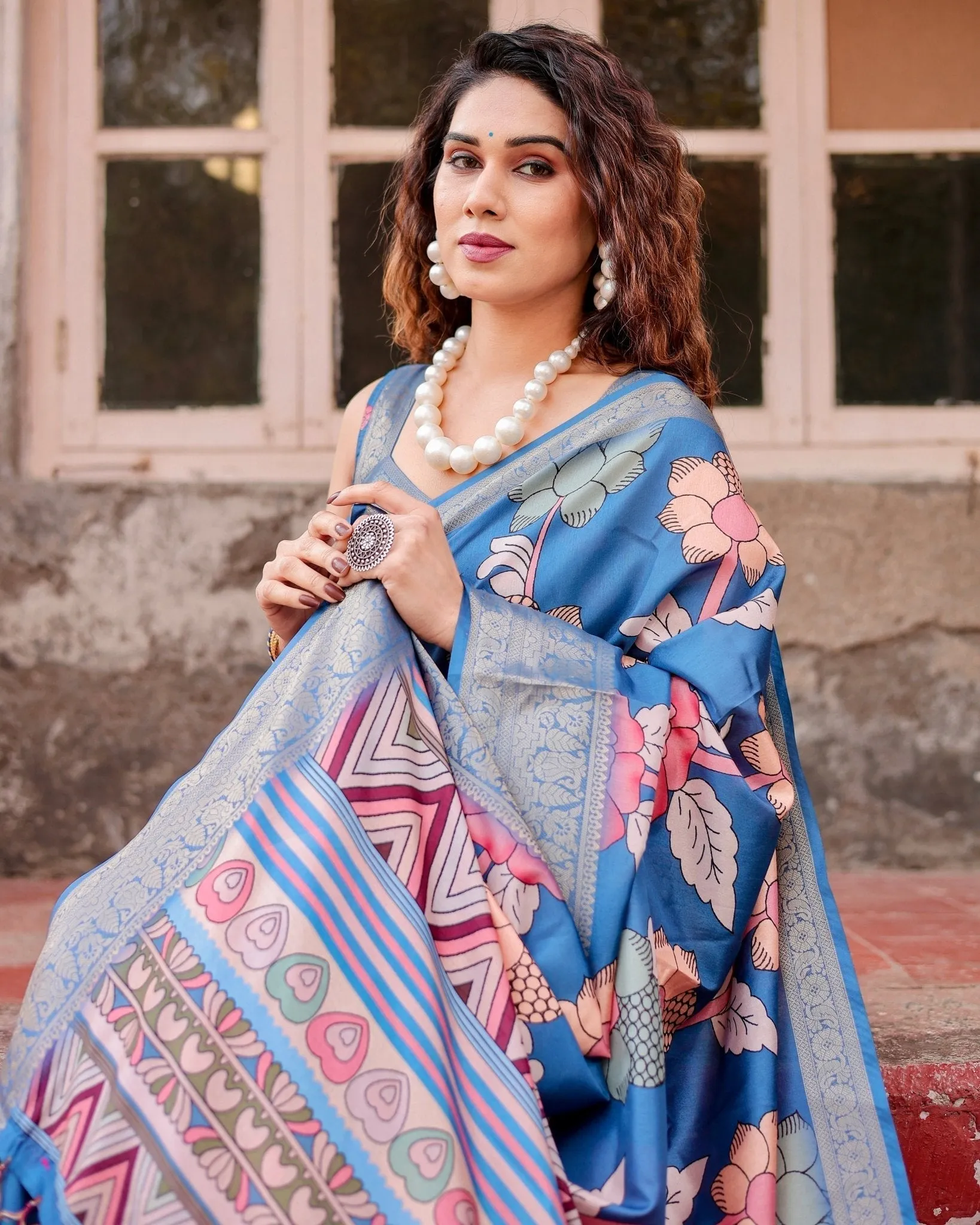 Sky Blue Tussar Silk Saree with Bold Floral Motifs and Chevron Pallu Design