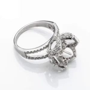 Split Shank Floral Ring with Cubic Zirconia Inlays and Cup and Peg Mounting in Sterling Silver 12mm