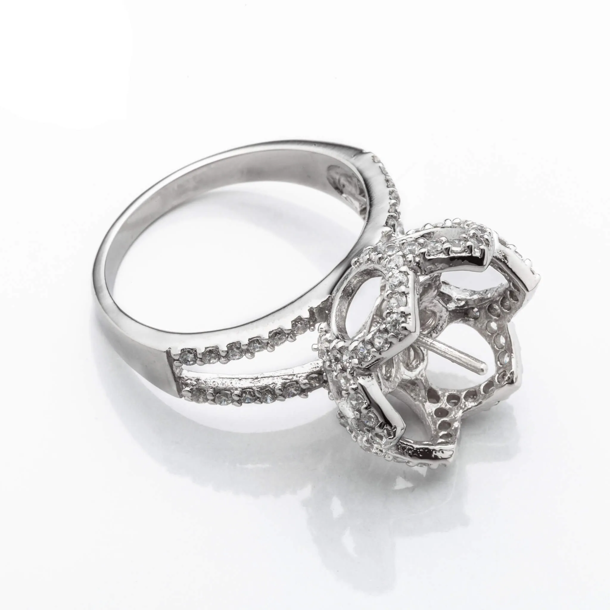 Split Shank Floral Ring with Cubic Zirconia Inlays and Cup and Peg Mounting in Sterling Silver 12mm