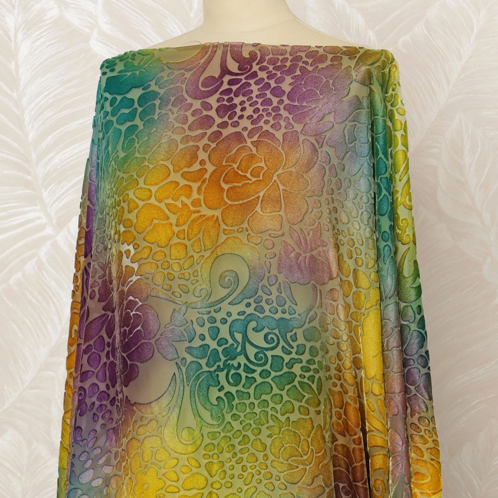 Traditional Somali Dirac Silk Blended Velvet Chiffon Fabric in Green, Purple, and Gold with Floral Pattern, 3.5 Meters, 140 cm Width-D20590