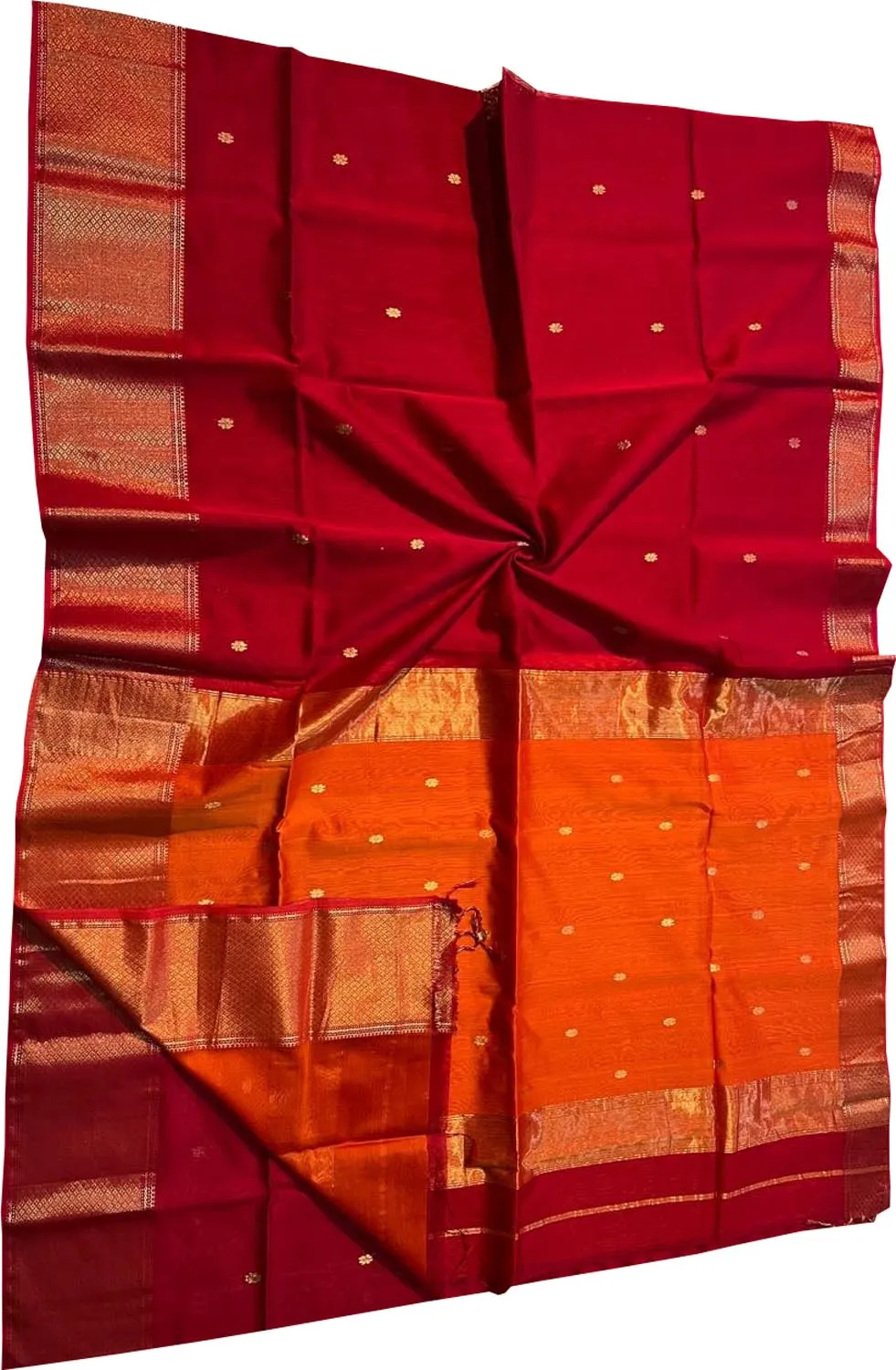 Vibrant Red & Orange Maheshwari Silk Saree