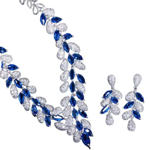 White Gold Royal Blue Stone Bride Necklace And Earrings Set
