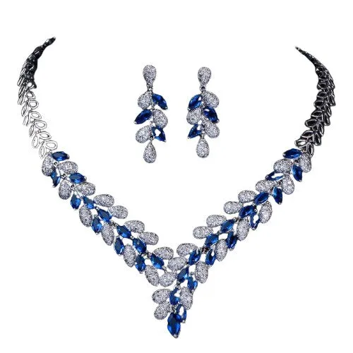 White Gold Royal Blue Stone Bride Necklace And Earrings Set