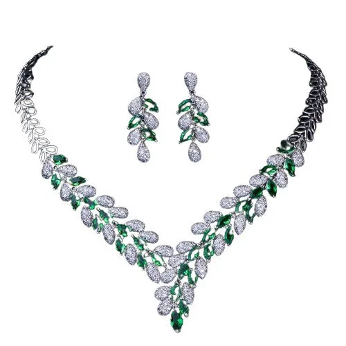 White Gold Royal Blue Stone Bride Necklace And Earrings Set