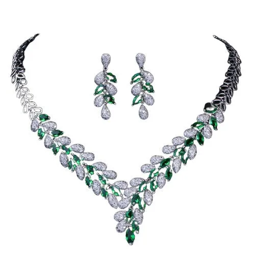 White Gold Royal Blue Stone Bride Necklace And Earrings Set