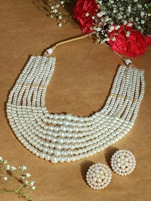 White Pearls Beaded Multistrand Statement Choker Necklace & Earring Set For Women