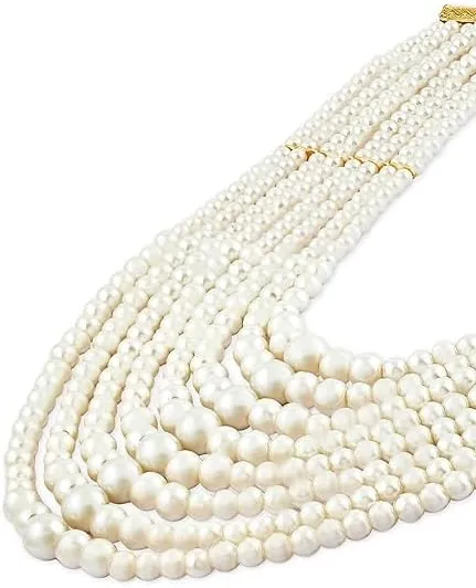 White Pearls Beaded Multistrand Statement Choker Necklace & Earring Set For Women