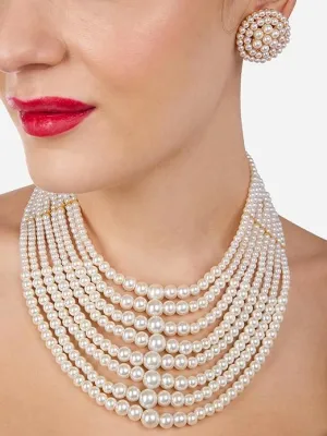 White Pearls Beaded Multistrand Statement Choker Necklace & Earring Set For Women