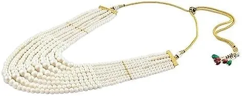 White Pearls Beaded Multistrand Statement Choker Necklace & Earring Set For Women