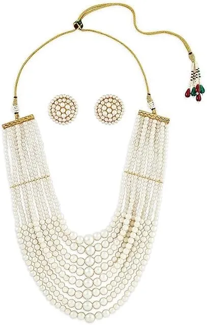 White Pearls Beaded Multistrand Statement Choker Necklace & Earring Set For Women