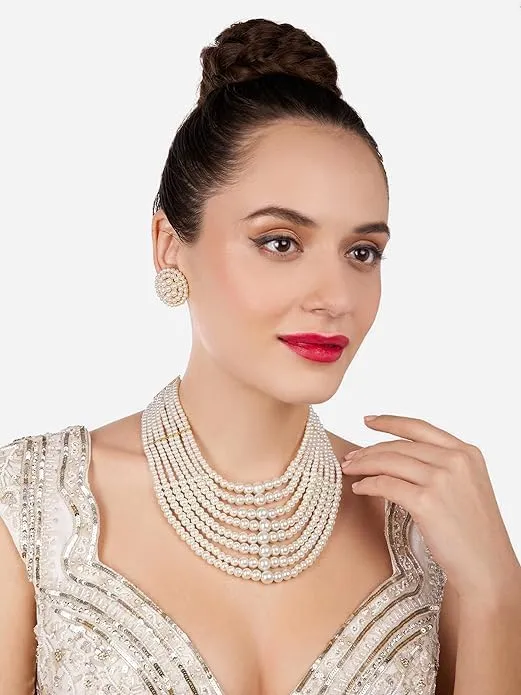 White Pearls Beaded Multistrand Statement Choker Necklace & Earring Set For Women