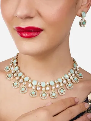 Women Mint Green Kundan Austrian Diamonds & Artificial Stones Indian Necklace Earring & Ring Set