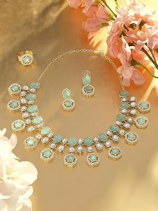 Women Mint Green Kundan Austrian Diamonds & Artificial Stones Indian Necklace Earring & Ring Set