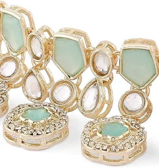 Women Mint Green Kundan Austrian Diamonds & Artificial Stones Indian Necklace Earring & Ring Set