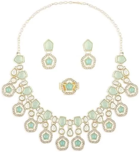 Women Mint Green Kundan Austrian Diamonds & Artificial Stones Indian Necklace Earring & Ring Set