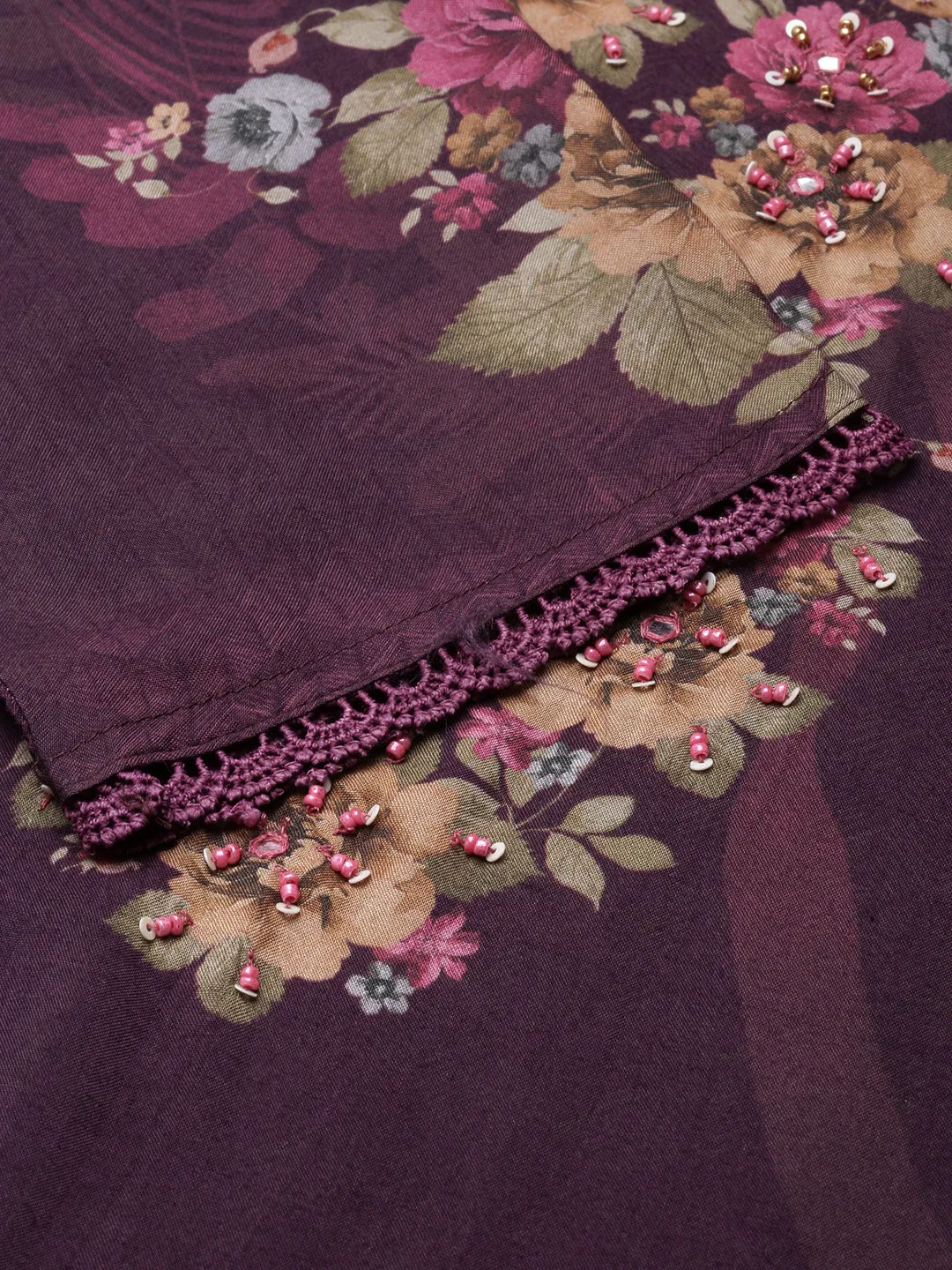 Women Straight Purple Floral Kurta and Trousers Set Comes With Dupatta