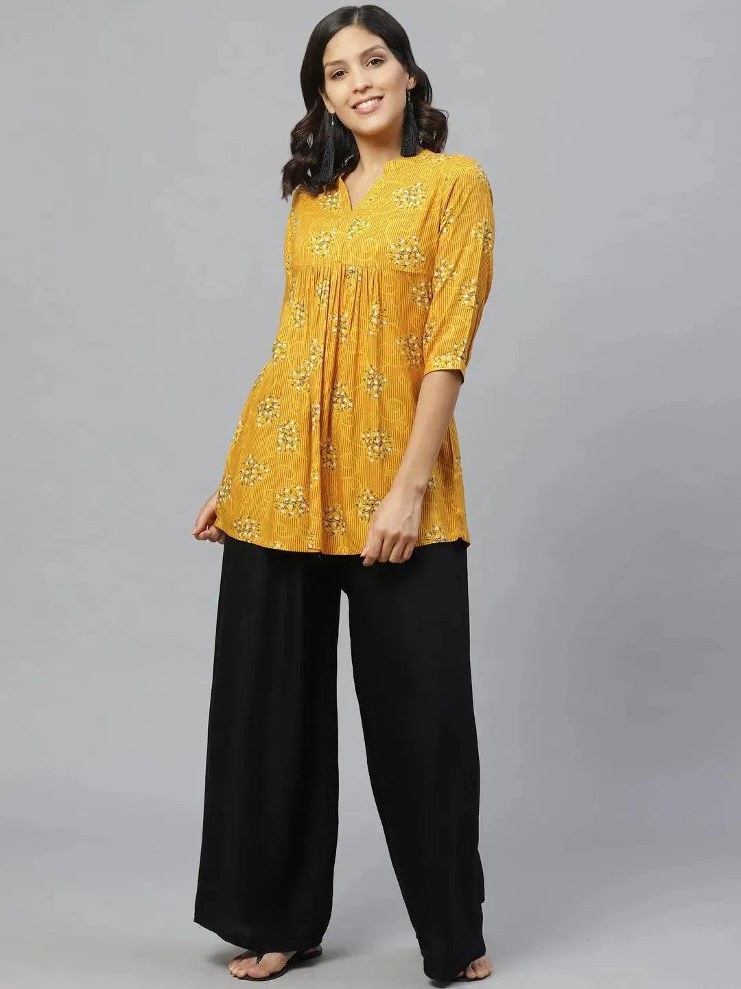 Yellow Printed Rayon Kurti
